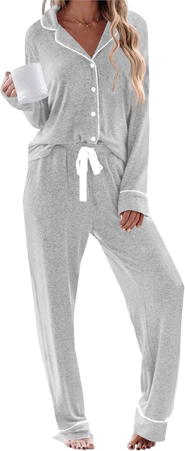 Womens Long Sleeve Pajamas Set Soft Sleepwear Shirt and Long Pants Pj Lounge Sets Button Down Nightwear with Pockets