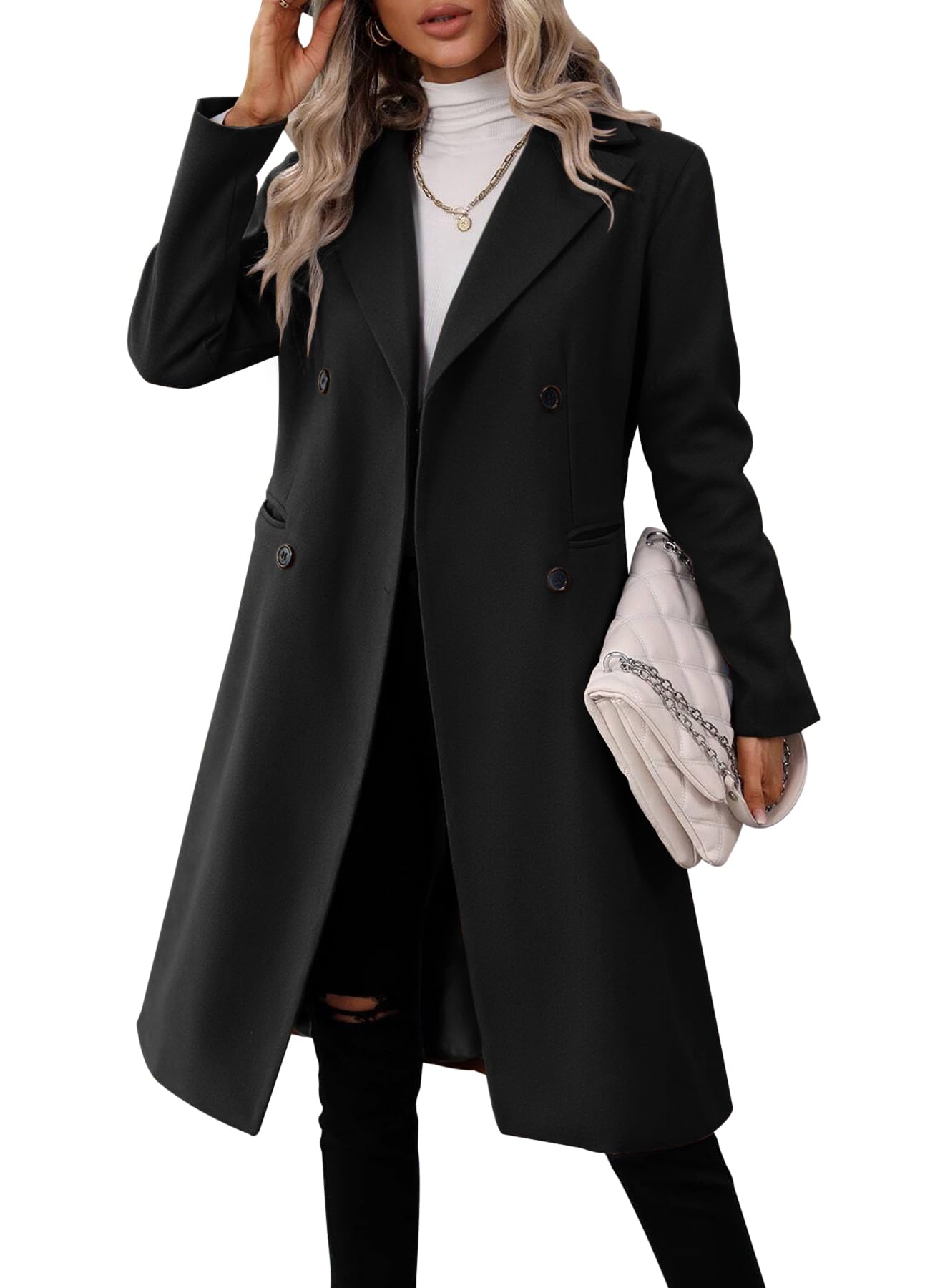 Danedvi Womens Long Double Breasted Coats Lapel Collar Pea Coat Winter Slim Fit Jackets Trench Coat Outwear-3
