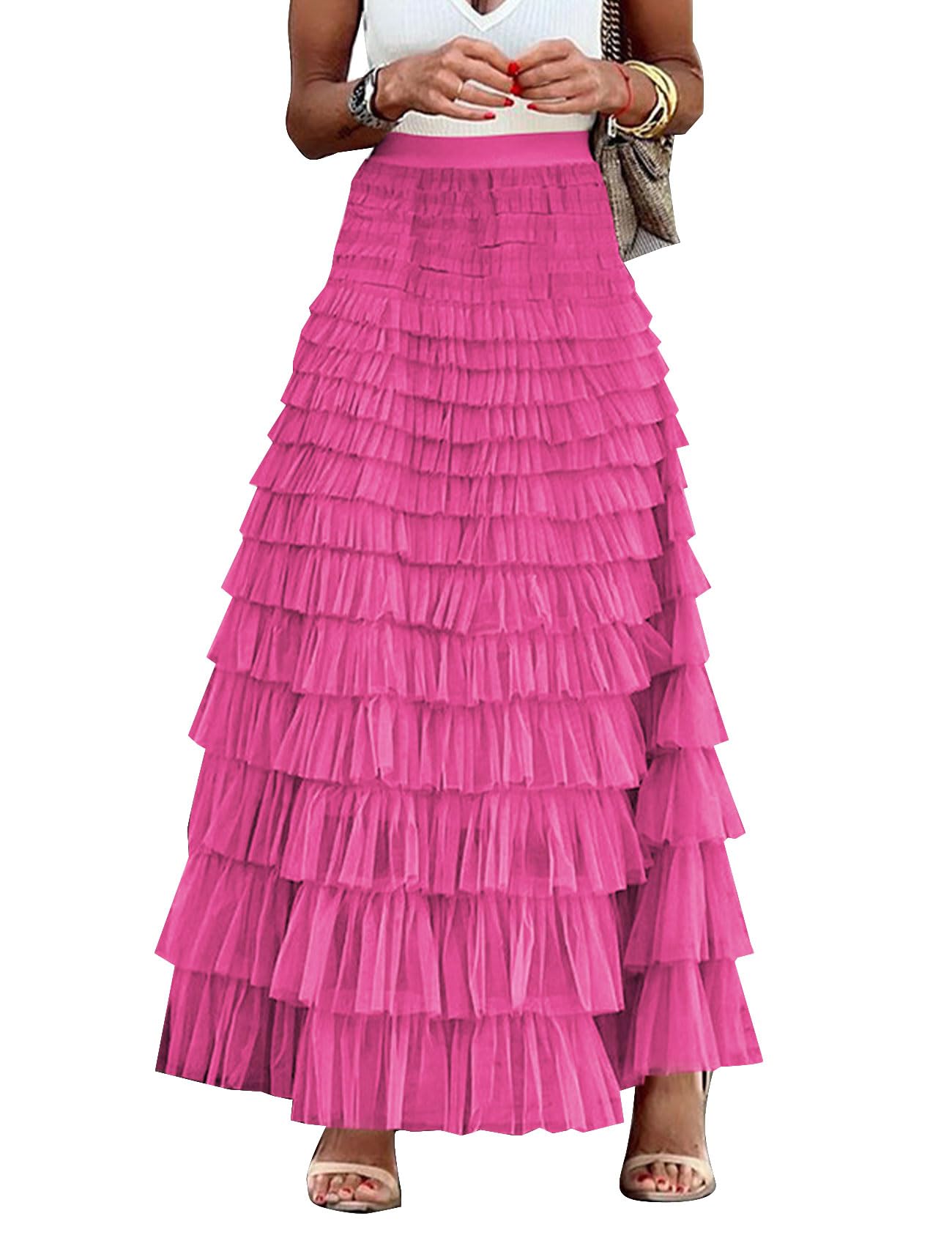 Flygo Women's Long Maxi Tulle Skirts A Line Ruffle High Waisted Tiered Layered Mesh Tutu Skirt Petticoat
