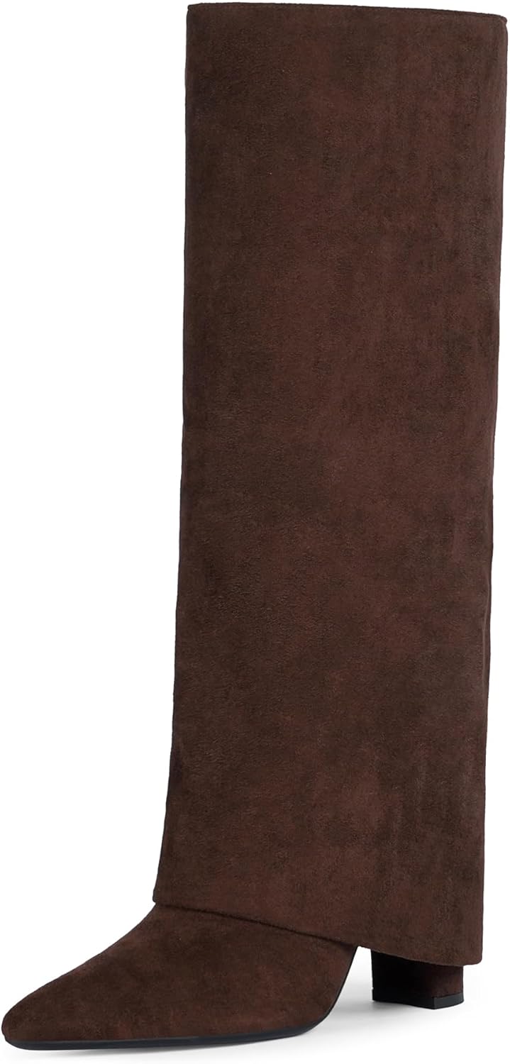 Modatope Knee High Boots Women Fold Over Knee High Boots Chunky High Heels Long Boots Zipper Pointed Toe Dress Tall Boots for Women-86