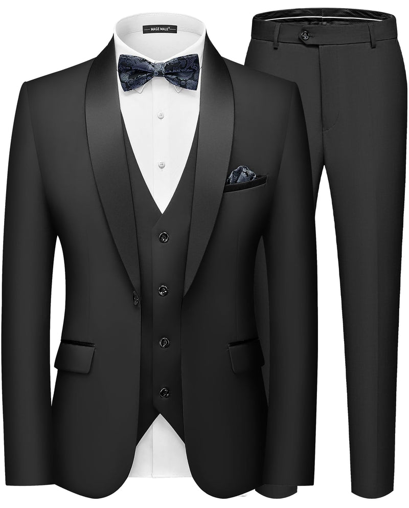 MAGE MALE Men's Slim Fit 3 Piece Suit One Button Solid Shawl Lapel Blazer Jacket Vest Pants Set with Tie Pocket Square-90