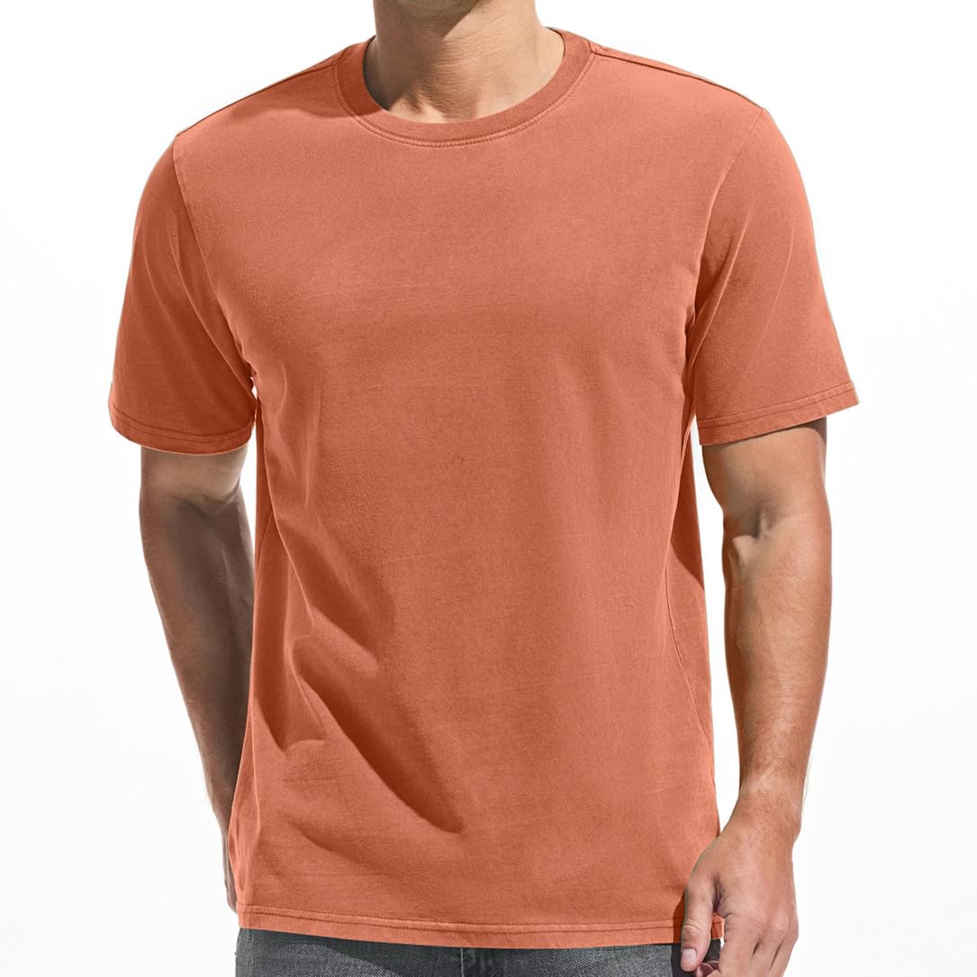 VEIISAR Men's Heavy Weight Crew Neck 100% Cotton T-Shirt - 250g/m² Thick Distressed Washed T-Shirts for Men