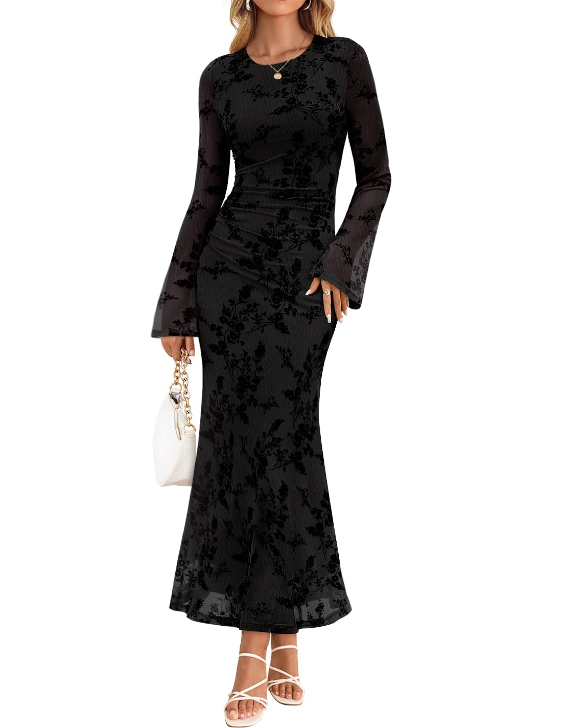 ZESICA Women's Long Sleeve Floral Bodycon Dress 2026 Spring Fall Ruched Mesh Wedding Guest Cocktail Party Maxi Dresses-60