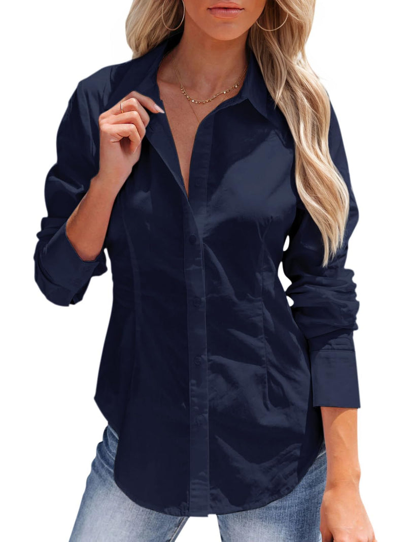 siliteelon Women's Button Down Shirts Long Sleeve Dress Shirts Wrinkle Free Collared Work Office Solid Blouses Corset Tops-56