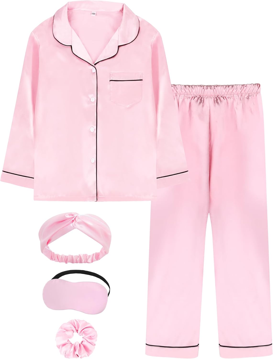 EPLAZA Kids Satin Pajamas Sets Girls Boys Button-Down Silky Pajamas Sleepwear with Hairband Eye Mask Hair Tie