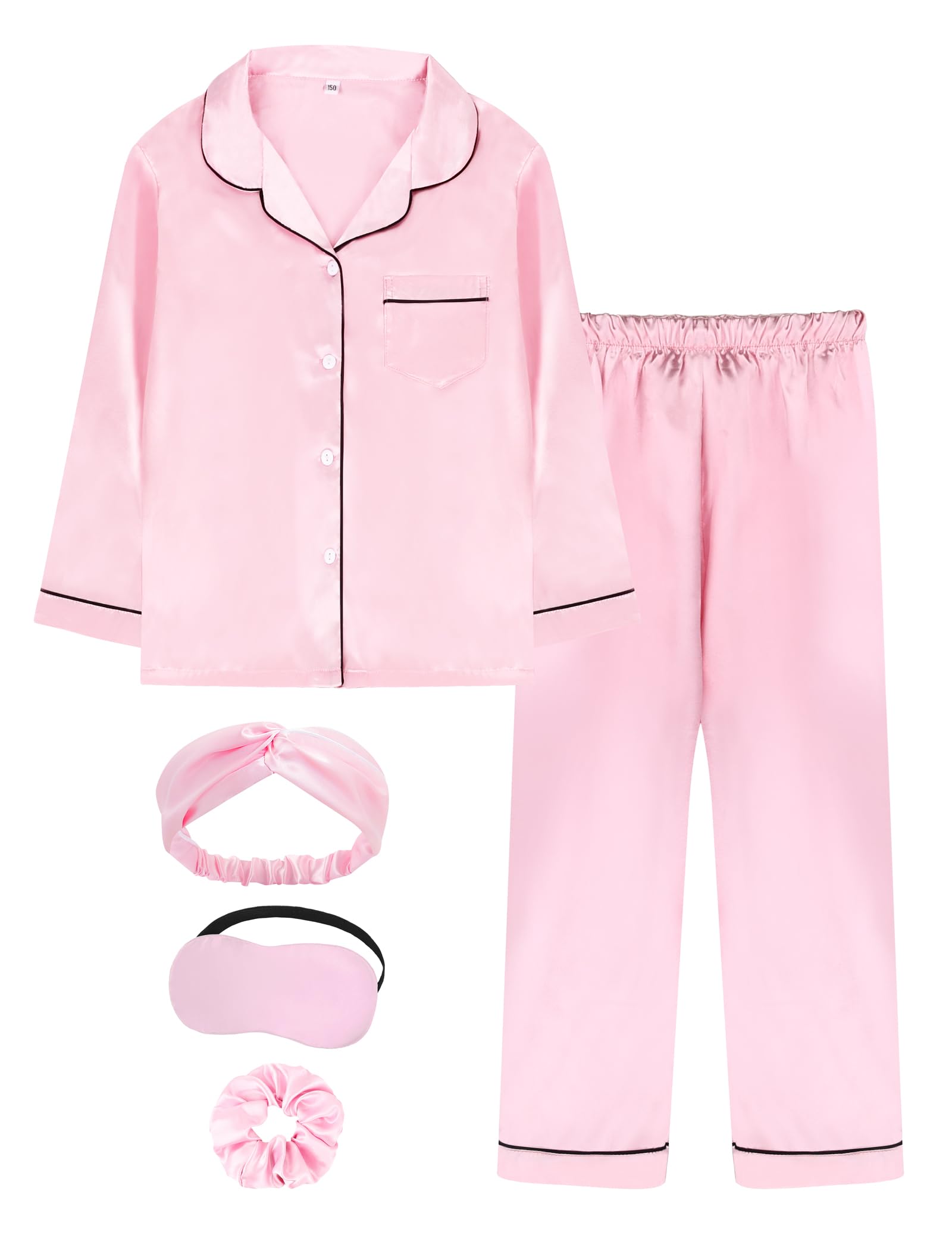EPLAZA Kids Satin Pajamas Sets Girls Boys Button-Down Silky Pajamas Sleepwear with Hairband Eye Mask Hair Tie
