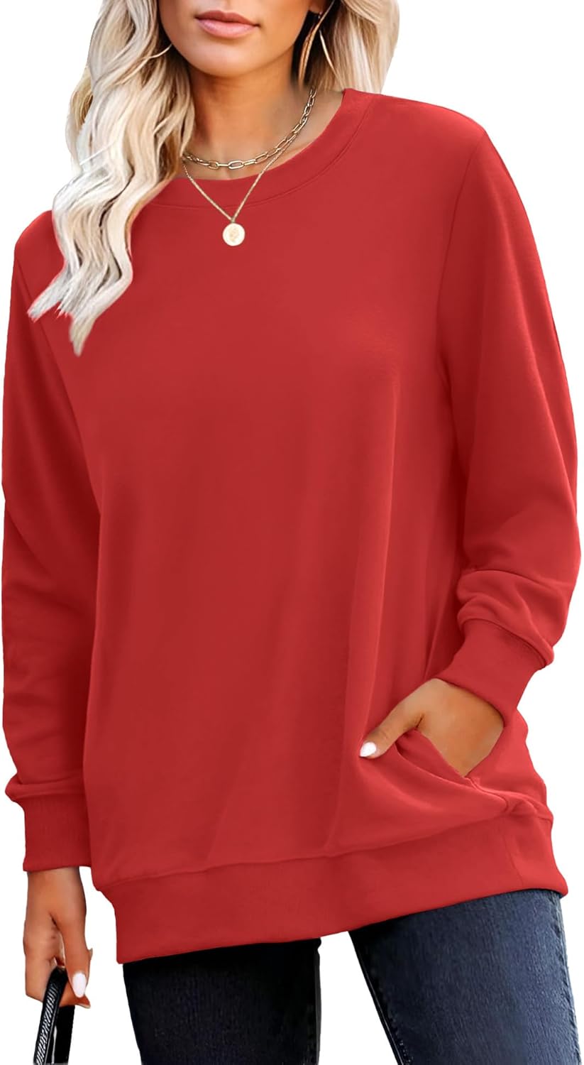 RUMIA Crewneck Fall Sweatshirts for Women Trendy- Women's Plain Long Sleeve Pullover Tops with Pockets Fashion