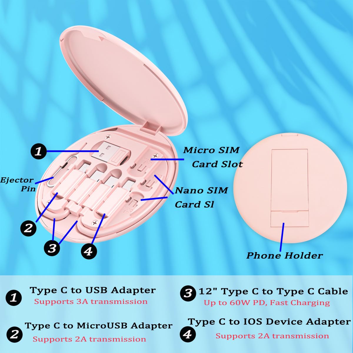 Multi USB Charging Adapter Cable Kit, USB C to iOS Device Adapter Box, Conversion Set A & Type C to Male Micro /Type C/iOS Device, Data Transfer, Card Storage, Tray Eject Pin, Phone Holder (pink)