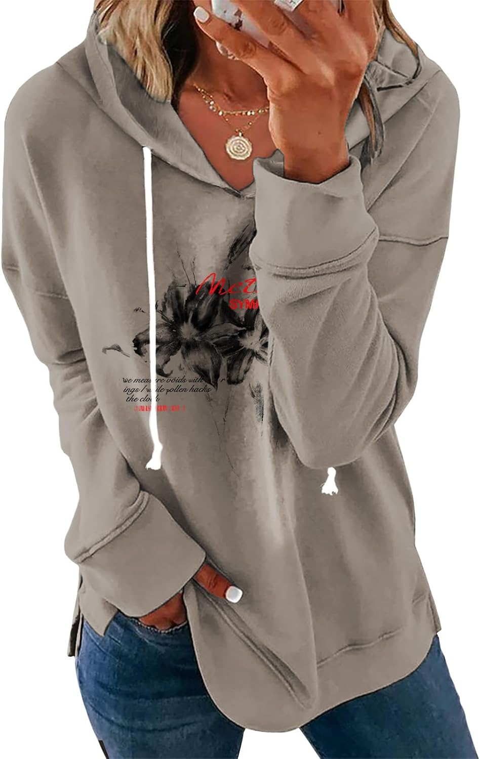Womens Casual Loose Fit Pullover Sweatshirt with Artistic Print Drawstring Hood Long Sleeve Cotton Blend for Fall-21