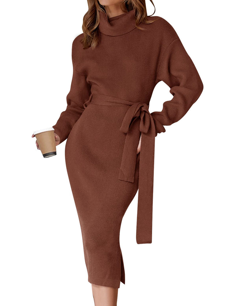 ZESICA Women's Turtleneck Sweater Midi Dress Long Sleeve Ribbed Knit Bodycon Slit Dress with Belt-15