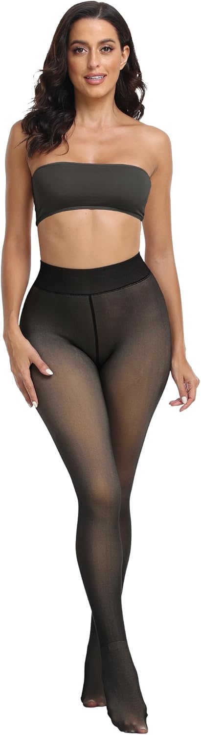 CHRLEISURE Women's Fleece Lined Tights - Fake Sheer Warm Pantyhose Thick Winter Leggings