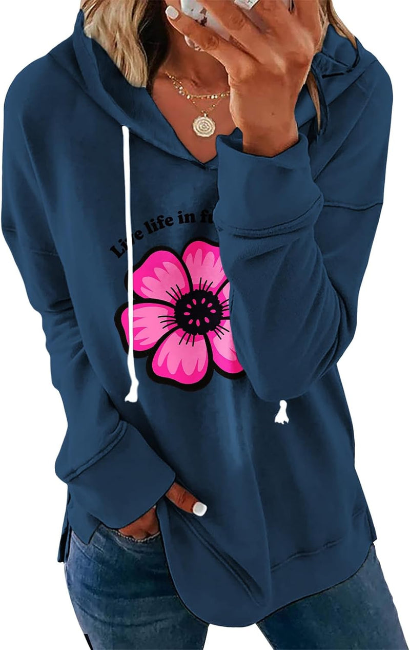 Womens Casual Loose Fit Pullover Sweatshirt with Artistic Print Drawstring Hood Long Sleeve Cotton Blend for Fall-52