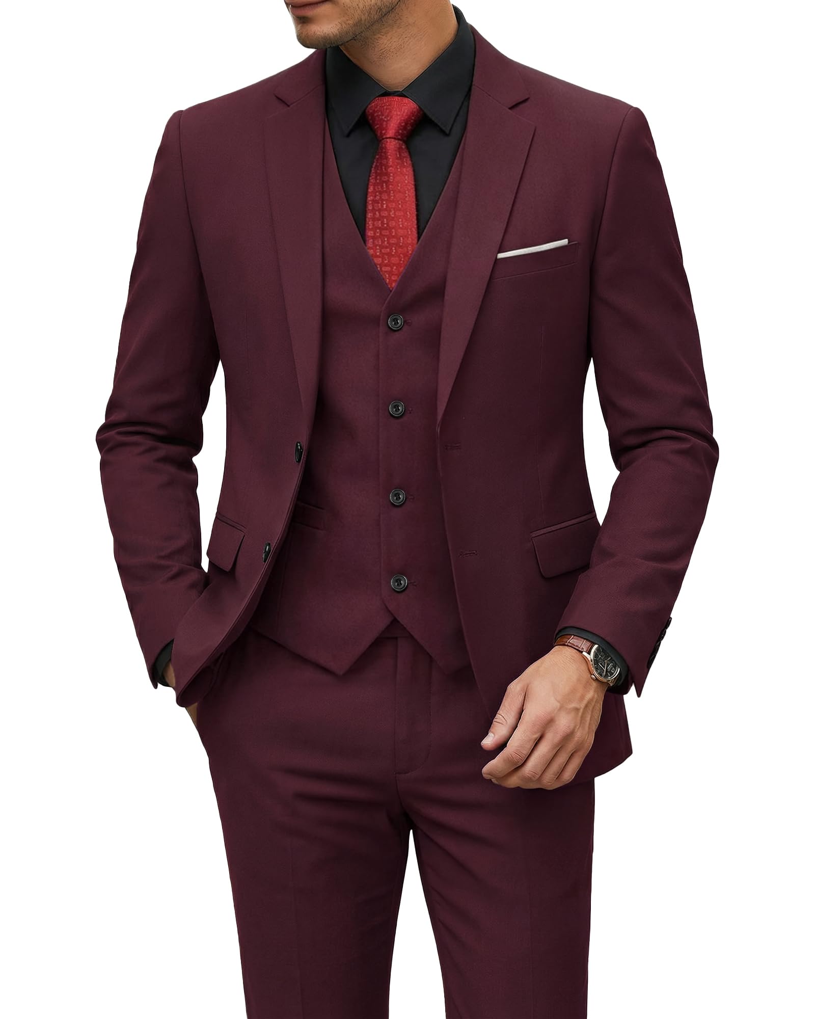 YND Men's 3 Piece Suit Set with Tie, 2 Button Slim Fit Solid Blazer Jacket Vest Pants, Business Wedding Party Suits for Men-13