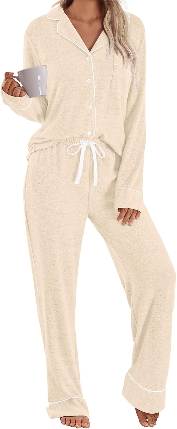 LILLUSORY Women's Long Sleeve Pajama Set - Soft Button-Down Top & Comfortable Drawstring Pants with Pockets-53
