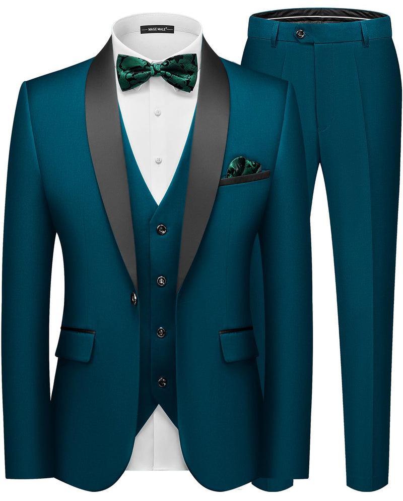 MAGE MALE Men's Slim Fit 3 Piece Suit One Button Solid Shawl Lapel Blazer Jacket Vest Pants Set with Tie Pocket Square-57