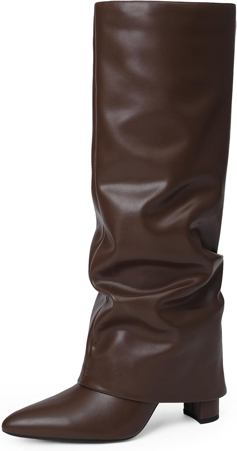 Modatope Knee High Boots Women Fold Over Knee High Boots Chunky High Heels Long Boots Zipper Pointed Toe Dress Tall Boots for Women-75