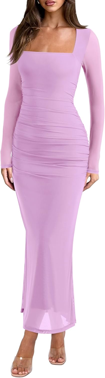 REORIA Long Sleeve Wedding Guest Maxi Dresses for Women Sheer Mesh Square Neck Ruched Bodycon Long Dress 2025 Fall Outfits-20