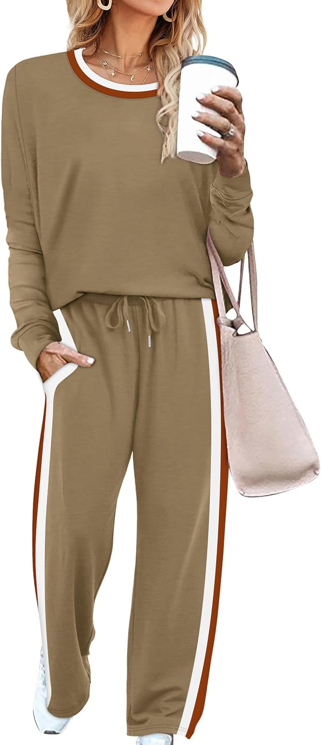 WIHOLL 2 Piece Lounge Sets for Women Long Sleeve Tops Wide Leg Sweatpants Sweatsuits with Pockets-24