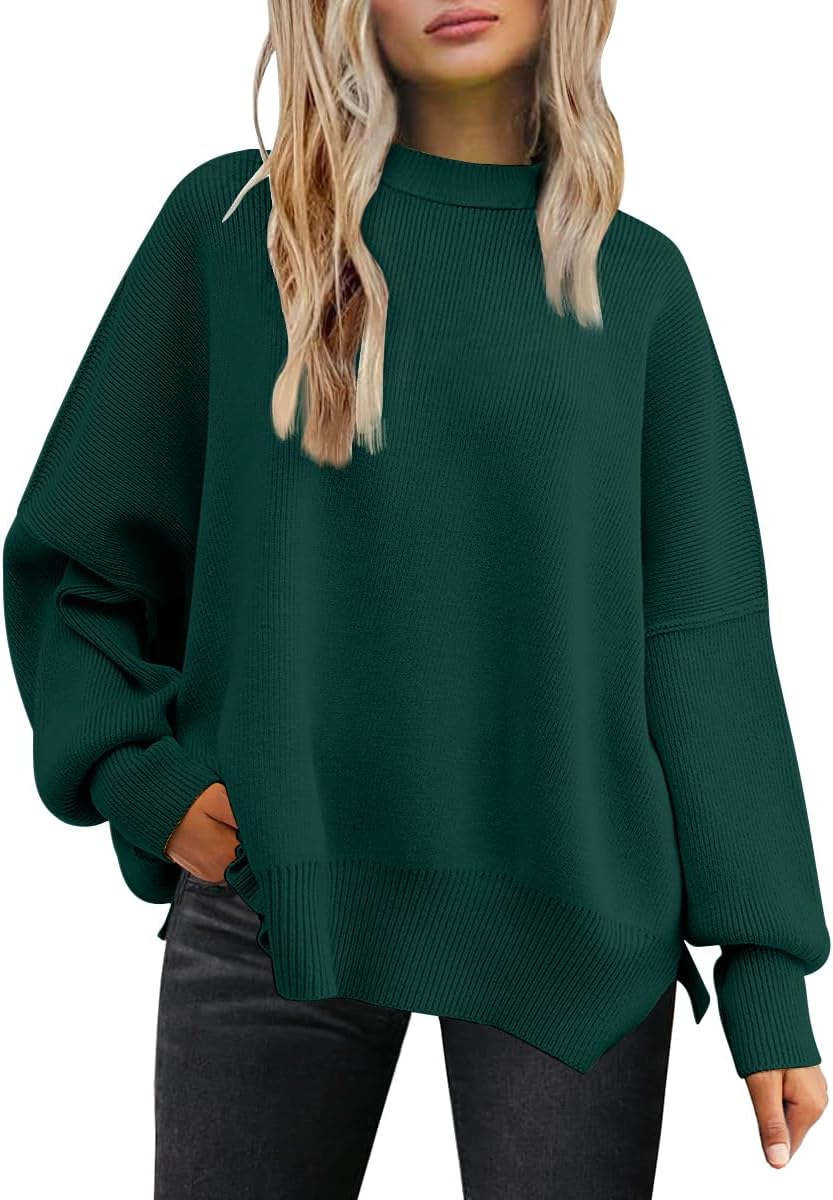 LILLUSORY Women's Oversized Batwing Sweaters 2025 Fall Outfits Trendy Crewneck Knit Side Slit Fashion Pullover Tops-6