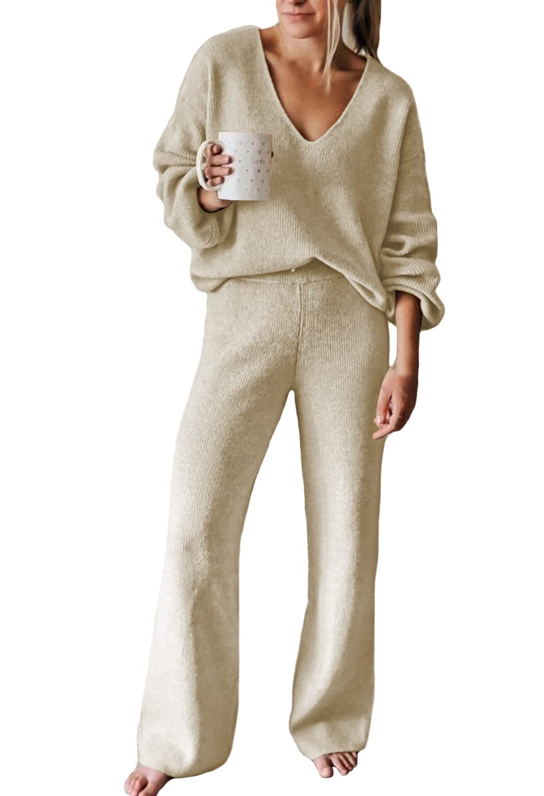 Viottiset Women's 2 Piece Outfits Casual V Neck Knit Wide Leg Sweater Lounge Set Sweatsuit-50