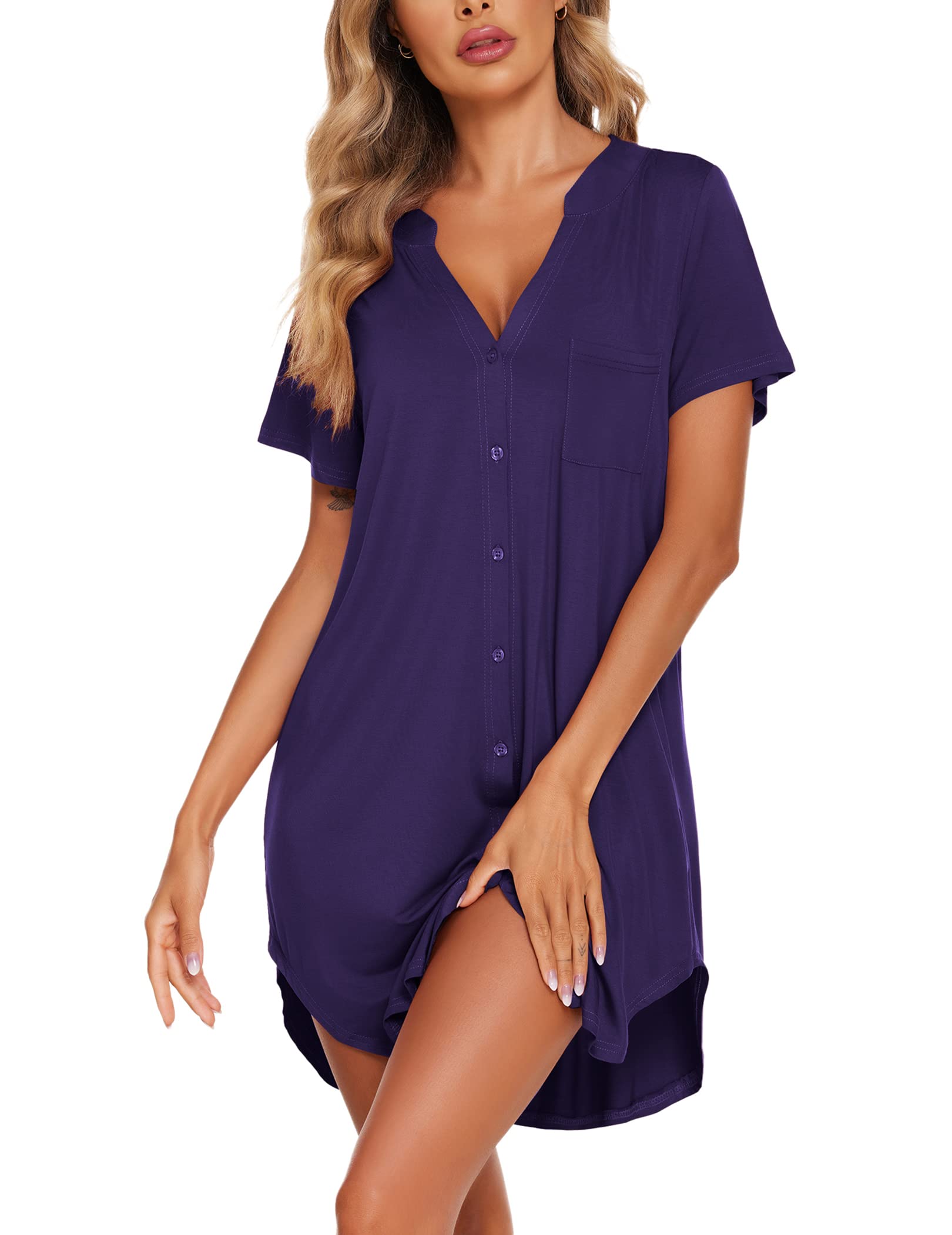 Ekouaer Women V Neck Button Down Nightgown-26