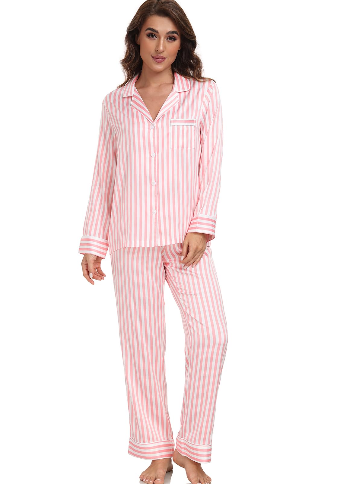 Women's Satin Pajama Set Long Sleeve Button Down Sleepwear 2-Piece Silky Pj Set-32