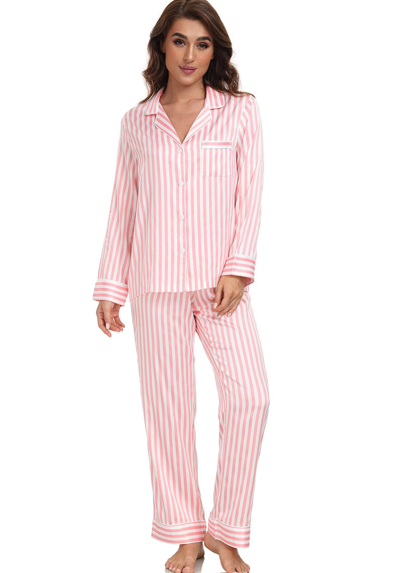 Women's Satin Pajama Set Long Sleeve Button Down Sleepwear 2-Piece Silky Pj Set-32