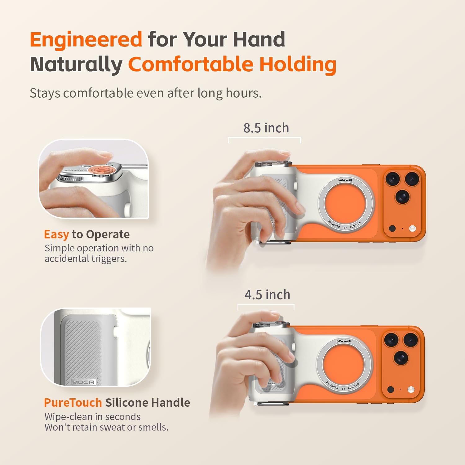 COMITOK MOCA - iPhone Camera Grip - for Native Camera Control with Removable Remote & Built-in Keychain, Magnetic Phone Camera Grip No Need App Support iOS26/17/18, Fun Shot Magnetic Grip with 1/4 Nut