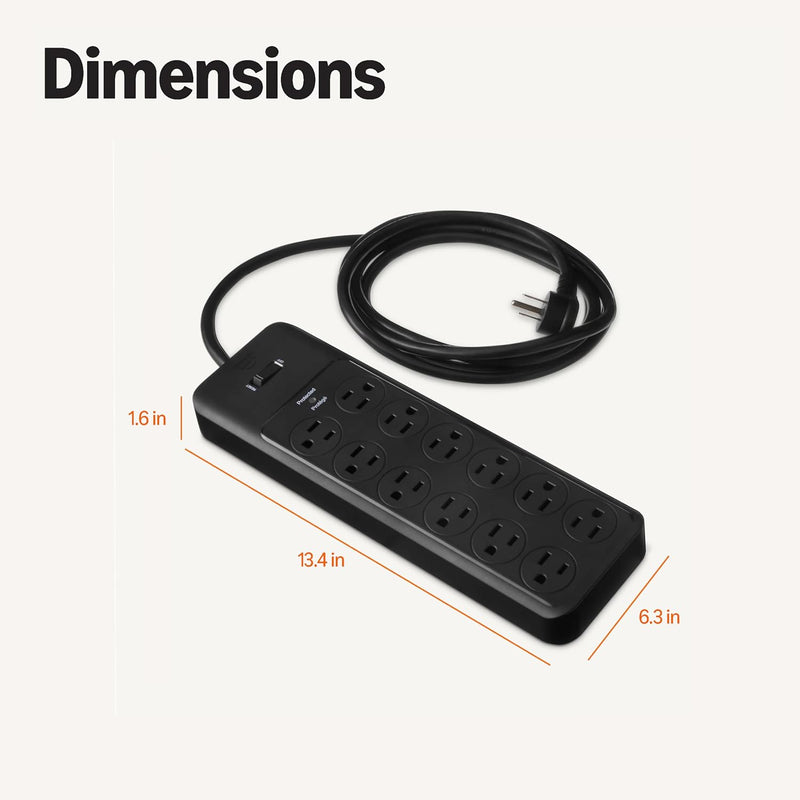 Amazon Basics 12-Outlet Surge Protector Power Strip, 4000 Joules, 8ft Extension Cord, Rectangle, for Home, Office, Gaming Room, Black
