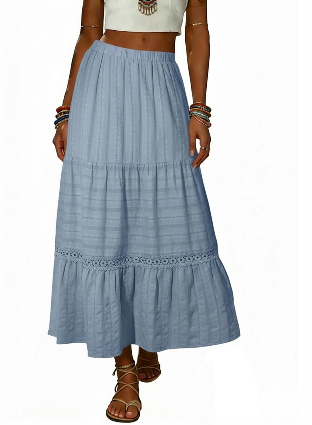 BLENCOT Long Skirts for Women Boho Crochet Lace High Waisted A-Line Cotton Tiered Maxi Skirt