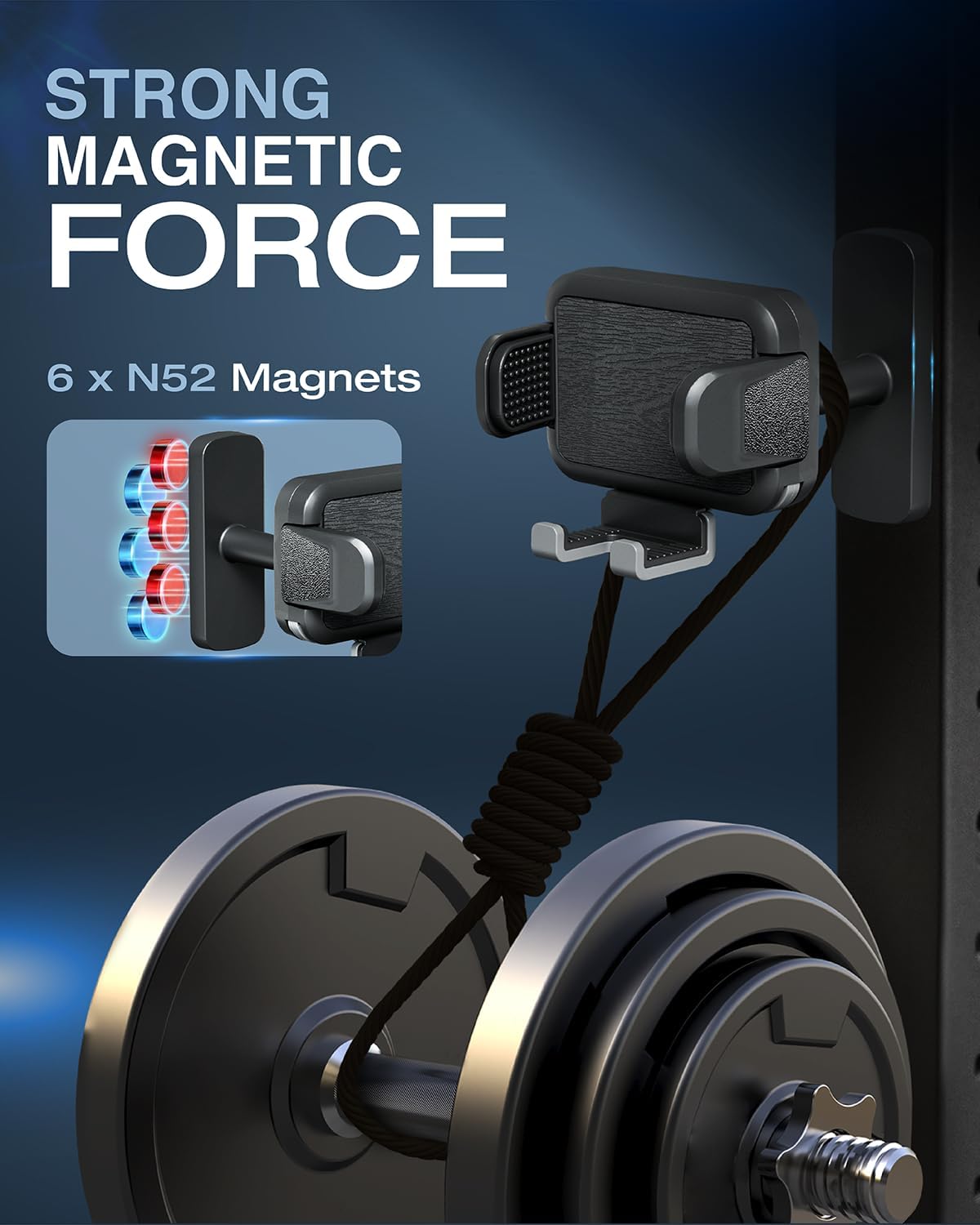OEO Magnetic Phone Holder for Gym | Magnet Gym Phone Mount with Quick Release Clamp for Android & iPhone | Compatible with 4”–7.1” Phones & Thick Cases | Gym Accessories for Men & Women