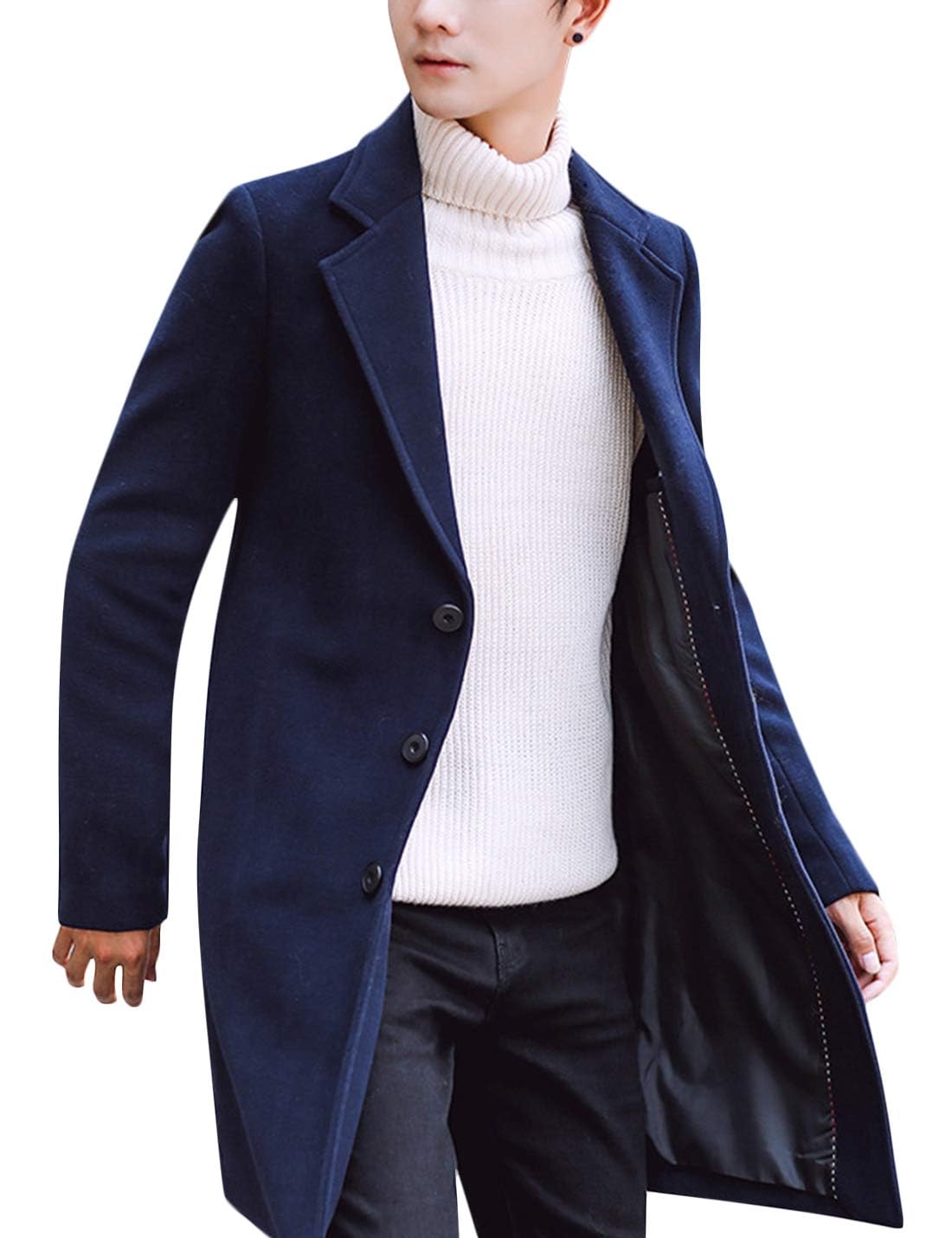 Springrain Men's Wool Blend Pea Coat Notched Collar Single Breasted Overcoat Warm Winter Trench Coat-5