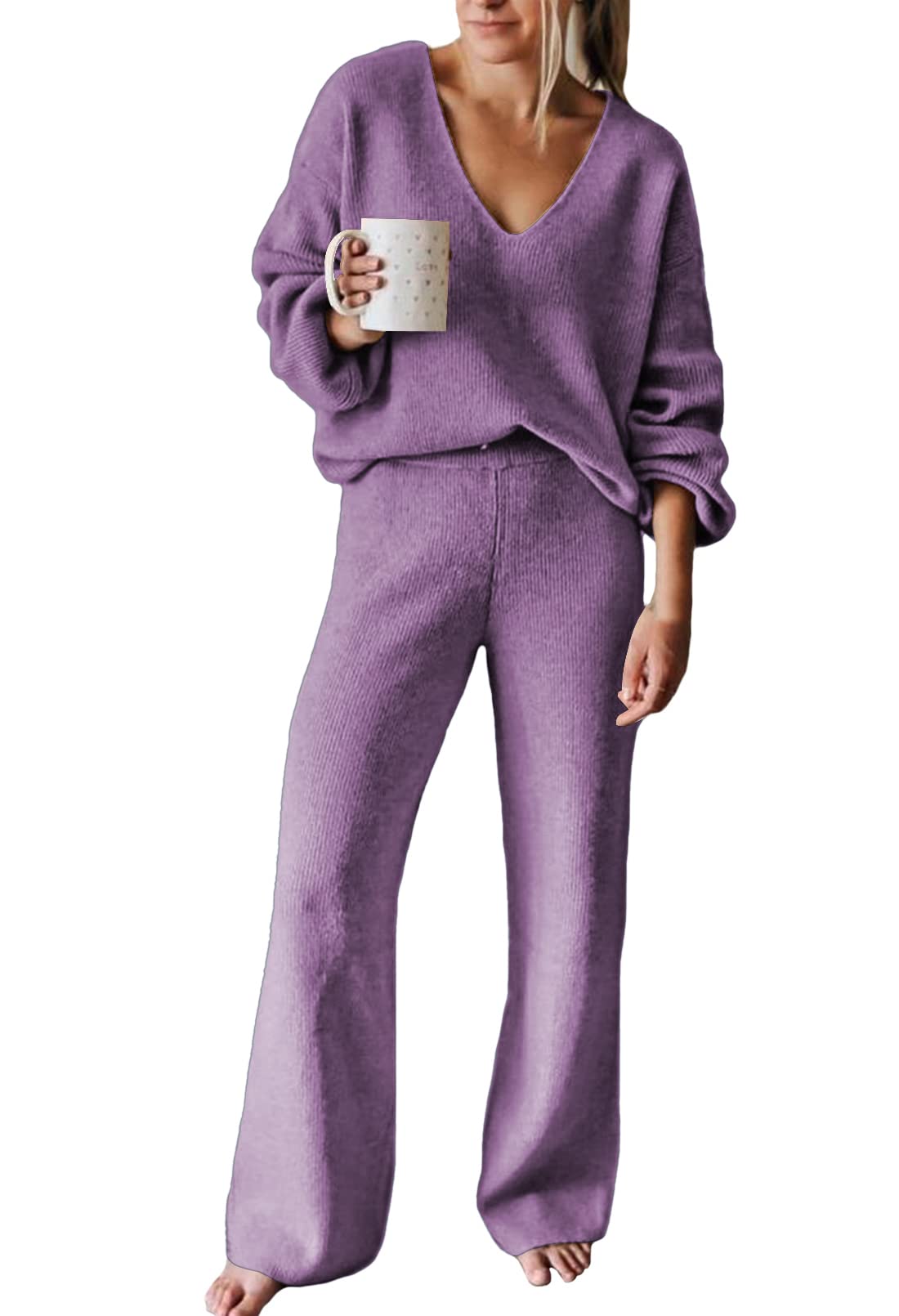 Viottiset Women's 2 Piece Outfits Casual V Neck Knit Wide Leg Sweater Lounge Set Sweatsuit-75