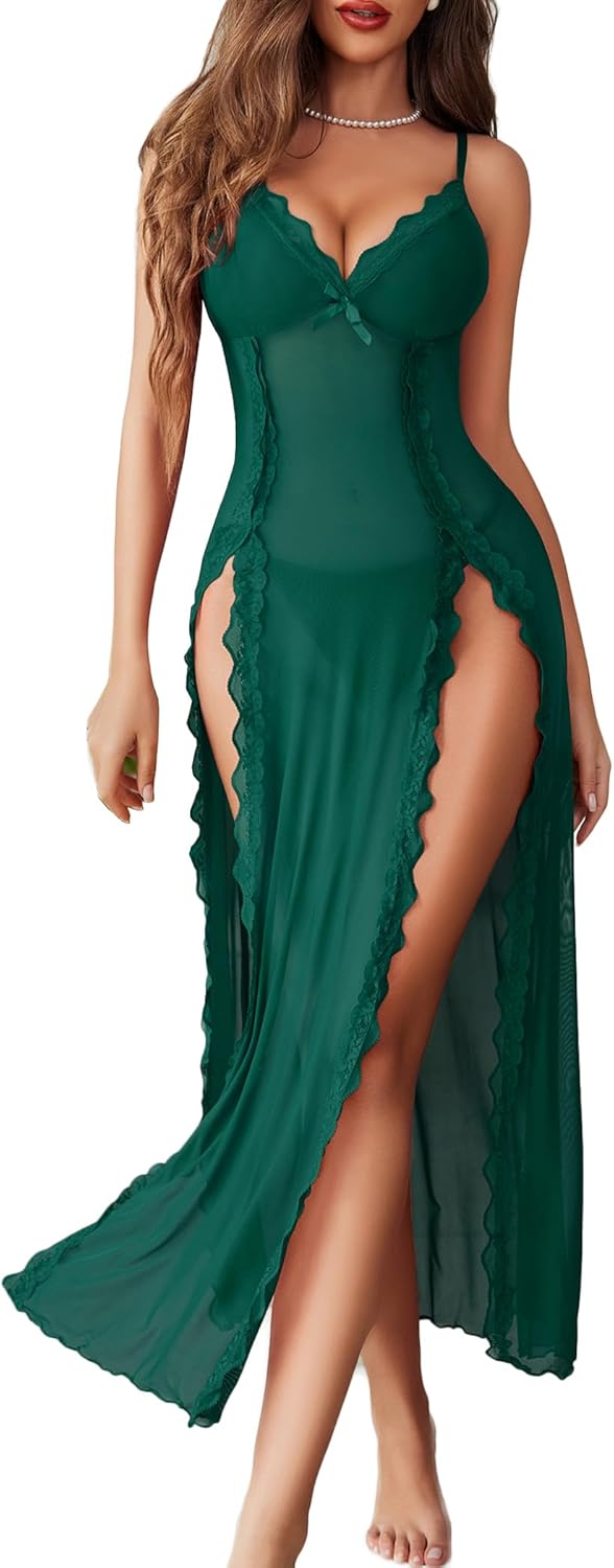 Avidlove Women Lingerie Lace Babydoll Chemise Sexy Mesh Nightdress V Neck Nightwear Side Split Nightgown-66