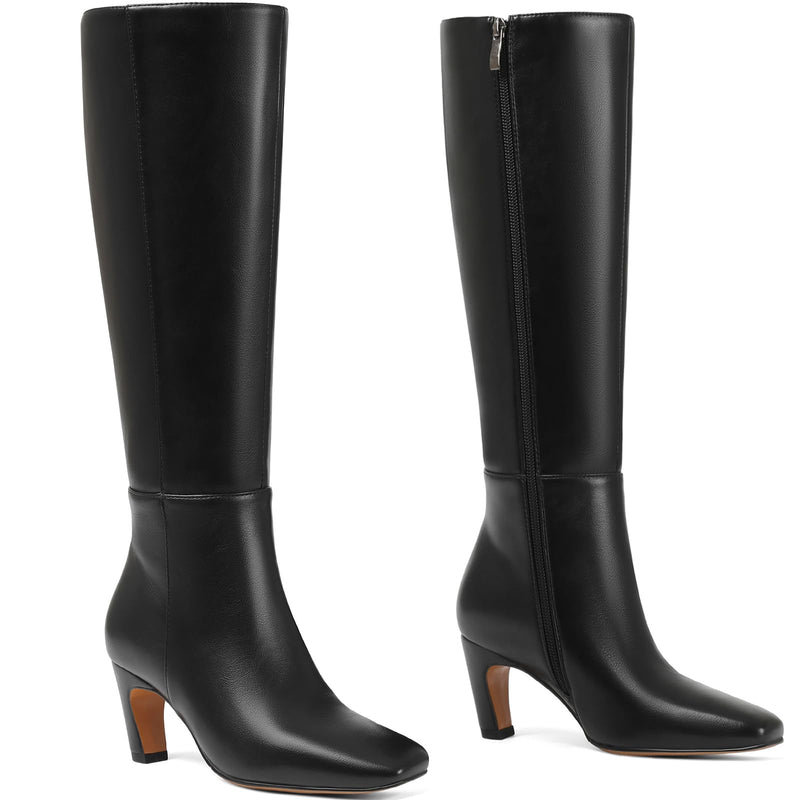 Kitten Heel Knee High Boots Women Square Toe Long Tall Boots Faux Leather Low Heel Boot Fashion Dress Casual Elastic Boots with Side Zipper-6