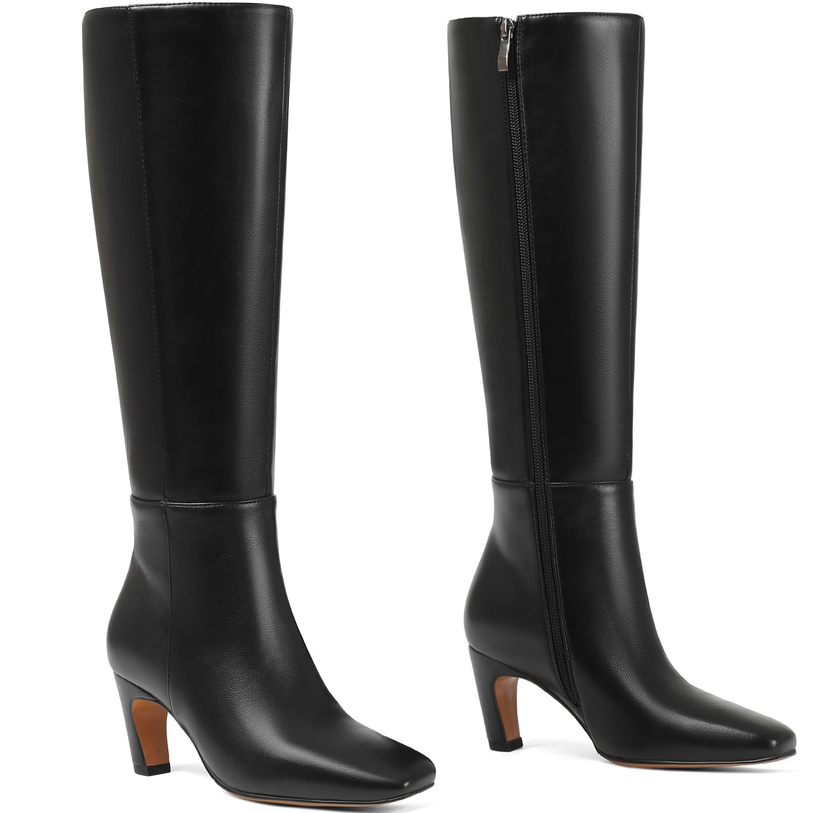 Kitten Heel Knee High Boots Women Square Toe Long Tall Boots Faux Leather Low Heel Boot Fashion Dress Casual Elastic Boots with Side Zipper-11