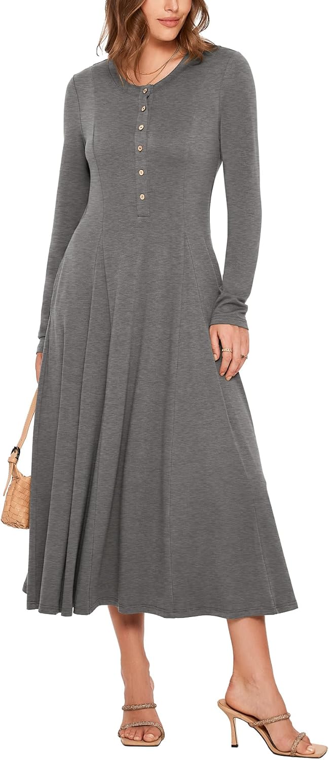 Glamaker Womens Long Sleeve Dress - 2025 Trendy Fashion Crew Neck Button Down Fit & Flare Fall Midi Dresses with Pockets-9