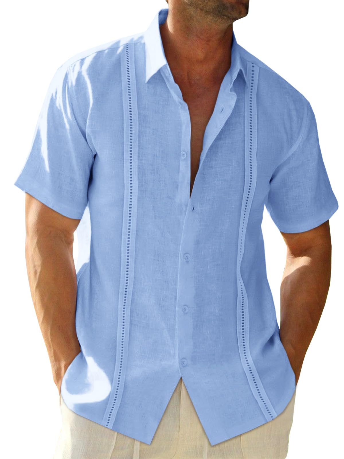 Runcati Mens Linen Cuban Guayabera Shirts Button Down Short Sleeve Shirt Cotton Hippie Summer Beach Vacation Shirts