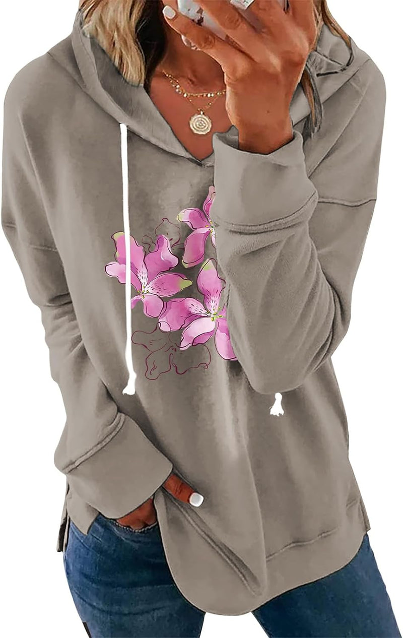 Womens Casual Loose Fit Pullover Sweatshirt with Artistic Print Drawstring Hood Long Sleeve Cotton Blend for Fall-32