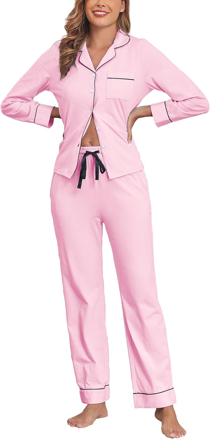 Veseacky 100% Cotton Pajamas for Women Set Long Sleeve Button Down Sleepwear Soft Pjs Lounge Sets with Pockets XS-XXL-1