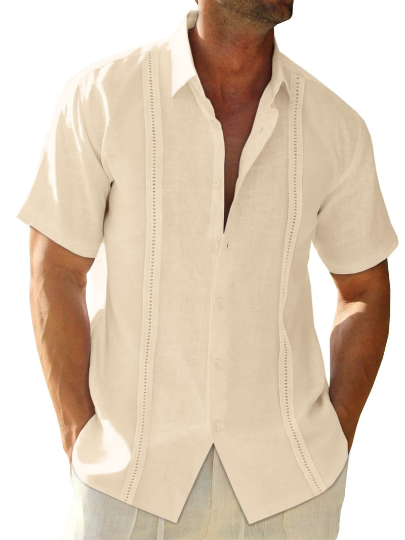 Runcati Mens Linen Cuban Guayabera Shirts Button Down Short Sleeve Shirt Cotton Hippie Summer Beach Vacation Shirts