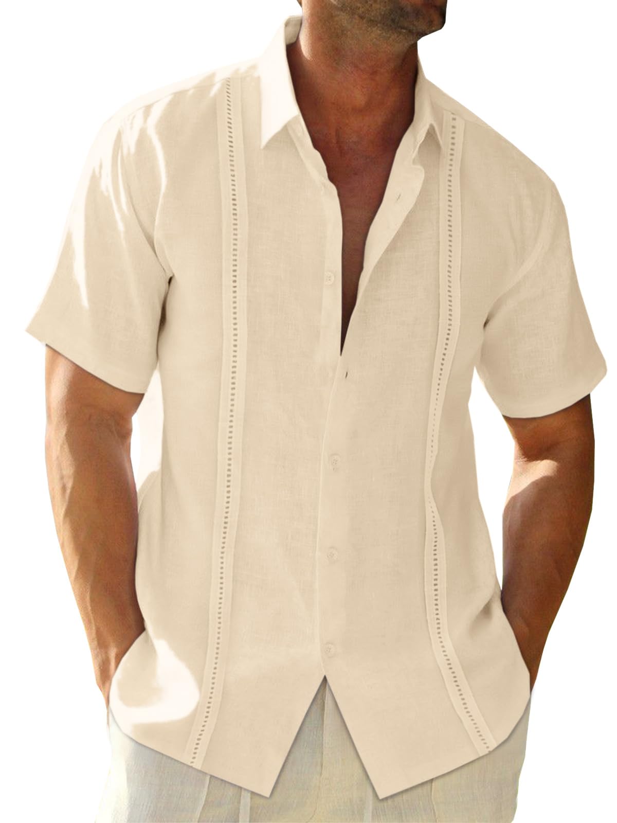 Runcati Mens Linen Cuban Guayabera Shirts Button Down Short Sleeve Shirt Cotton Hippie Summer Beach Vacation Shirts