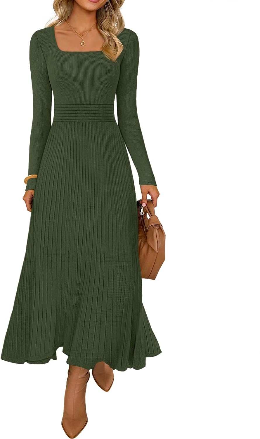 MEROKEETY Women's Sweater Dress 2025 Fall Winter Casual Long Sleeve Square Neck Pleated Church Work Knit Midi Dresses-3