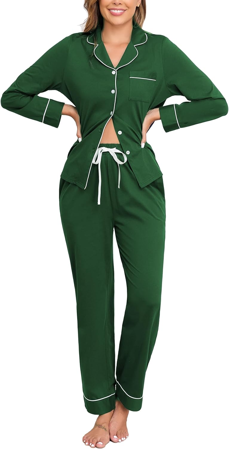 Veseacky 100% Cotton Pajamas for Women Set Long Sleeve Button Down Sleepwear Soft Pjs Lounge Sets with Pockets XS-XXL-85