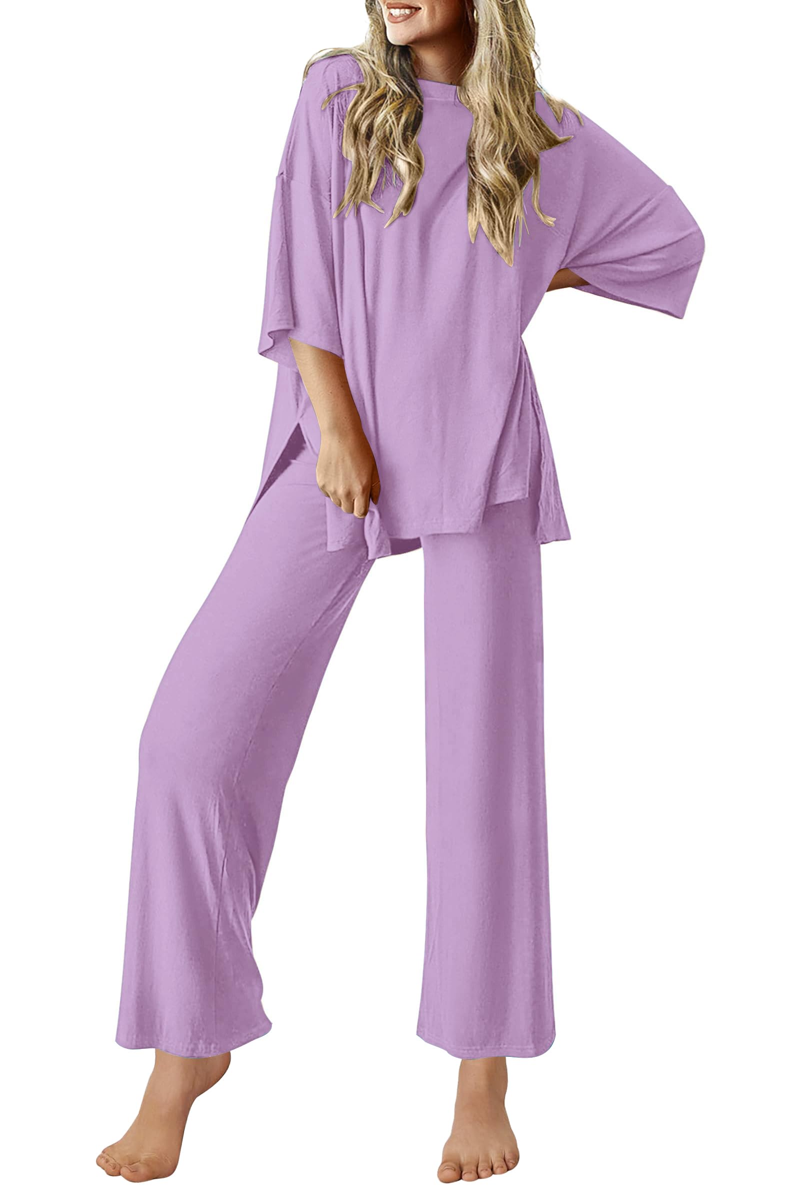 Ekouaer Lounge Sets for Women Short Sleeve Tops and Long Pants Soft Comfy Pajamas Set 2 Piece Outfits S-XXL-39