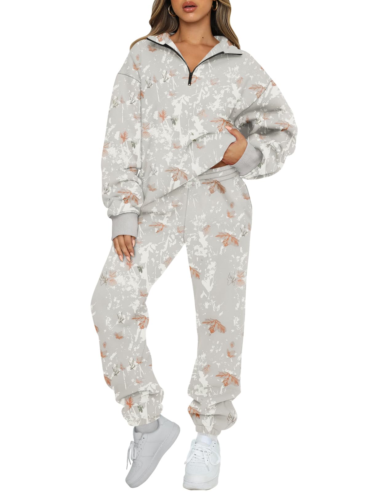 AUTOMET Women's Sweatsuits 2 Piece Outfits Lounge Sets Long Sleeve Half Zip Pullover and Baggy Sweatpants with Pockets-93