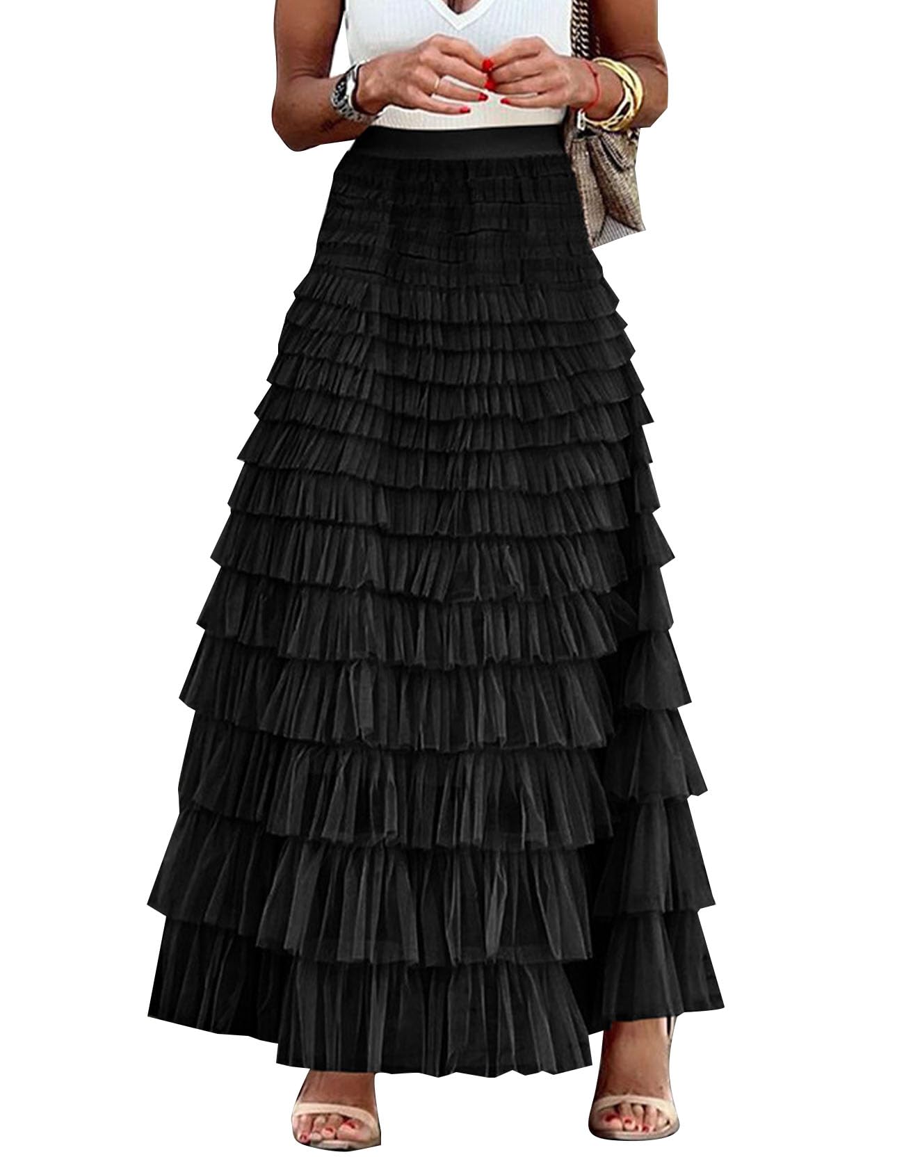 Flygo Women's Long Maxi Tulle Skirts A Line Ruffle High Waisted Tiered Layered Mesh Tutu Skirt Petticoat