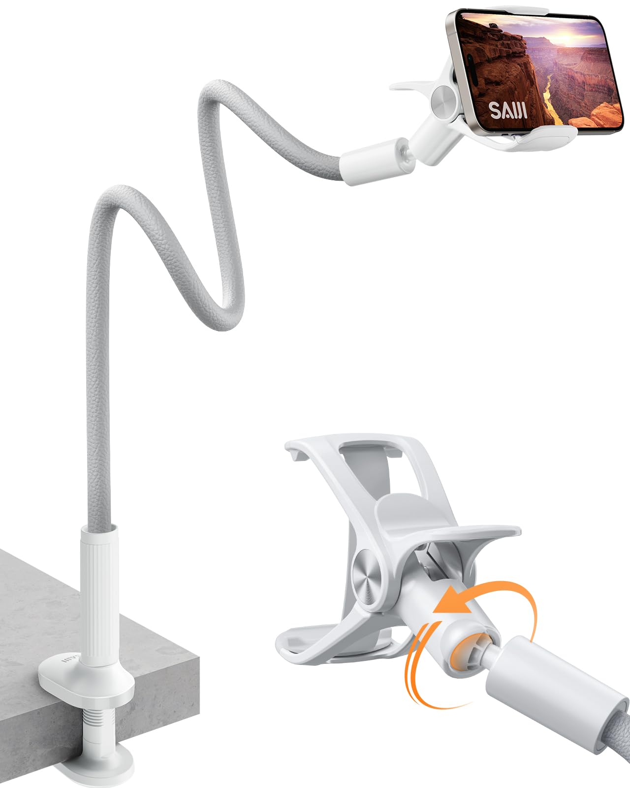 SAIJI Gooseneck Cell Phone Holder, Clamp Universal Lazy Mount Clip Hands Free Flexible Long Arm Bracket Grip for 4-7 Phones Mobile Stand Baby Monitor for Desk, Bed, Office, Kitchen (White)