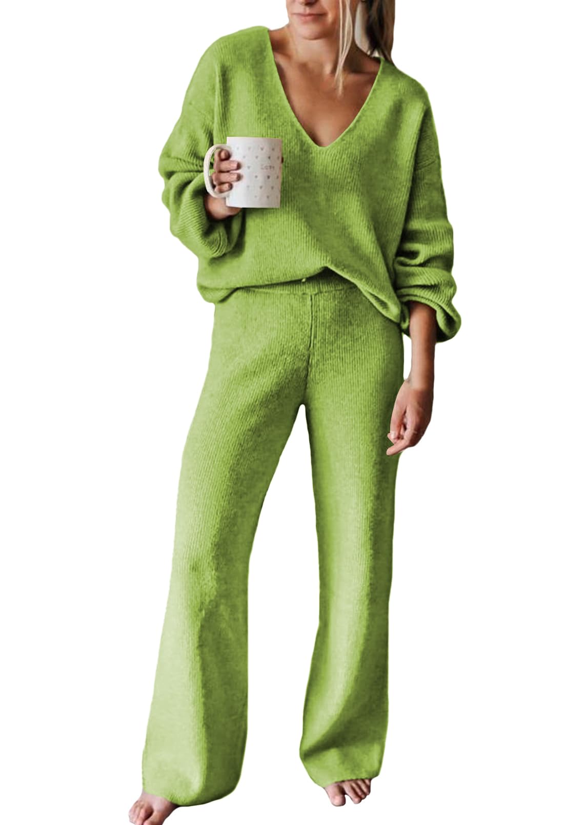 Viottiset Women's 2 Piece Outfits Casual V Neck Knit Wide Leg Sweater Lounge Set Sweatsuit-25