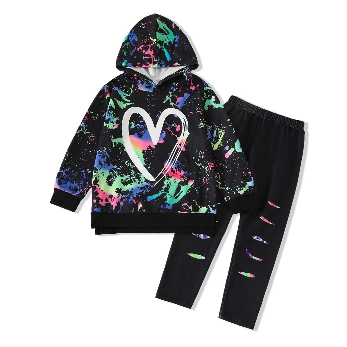 Toddler Baby Girls Clothes Long-sleeve Tie Dye Hoodie Pullover and Sweatpants Heart Print Hooded Outfits Set